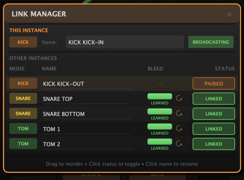 IsoShell Link Manager showing linked instances across a full drum kit